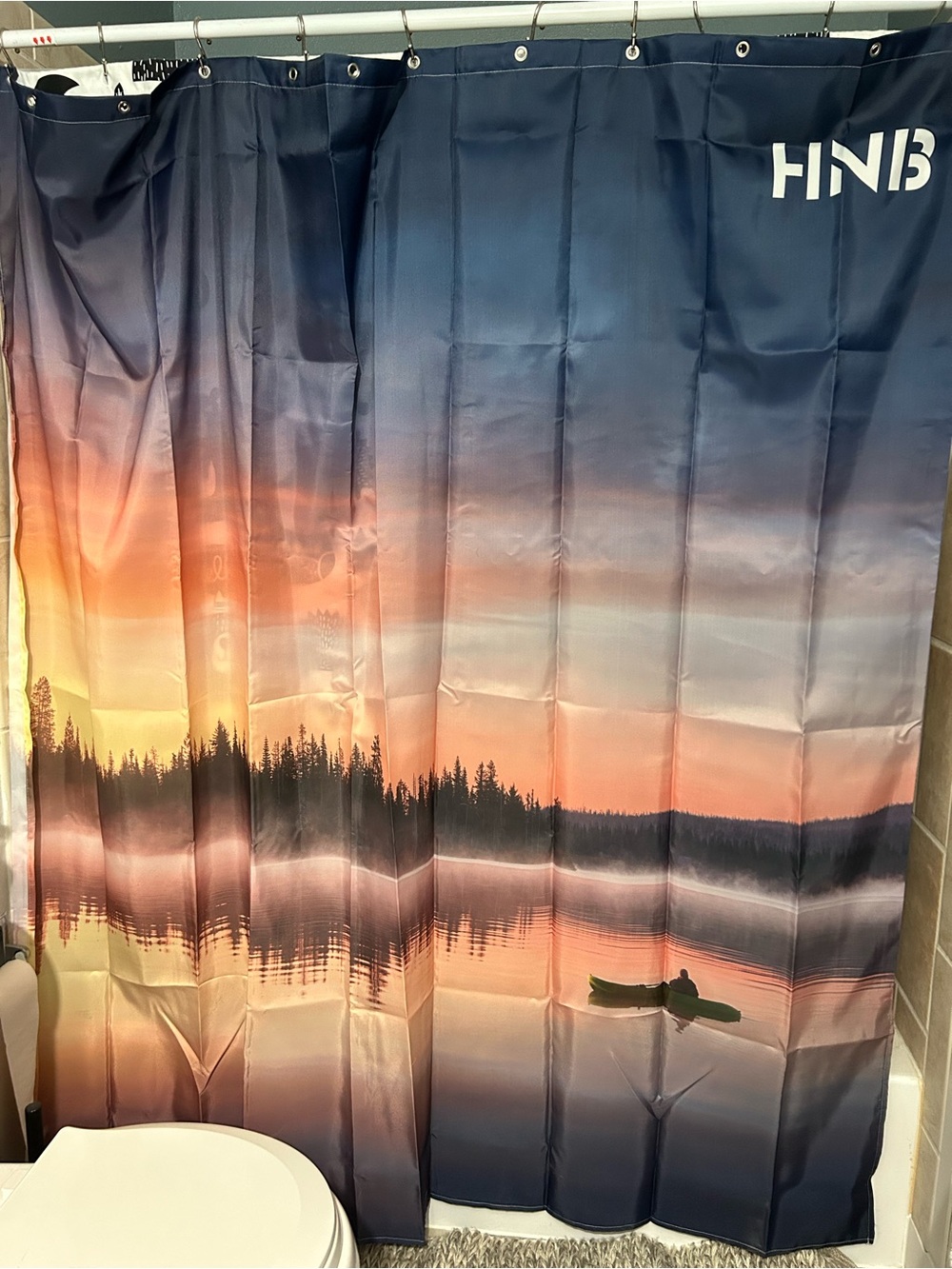 Sunset Lake with boat Blue & Orange Shower Curtain